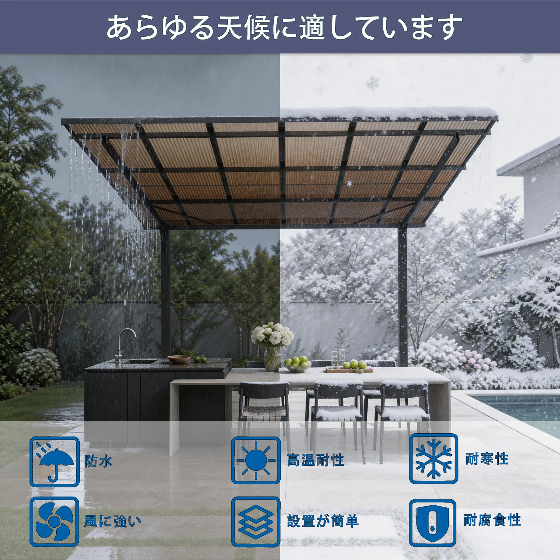 テラス屋根 ベランダ 屋根 ひさし大型 重量型 バルコニー 雨よけ サイクルポート 2本の柱 パーゴラ 幅362*奥行き300*高253 ポリカーボネート 屋根 裏庭とバルコニーに適用 壁面取り付け基準に適合
