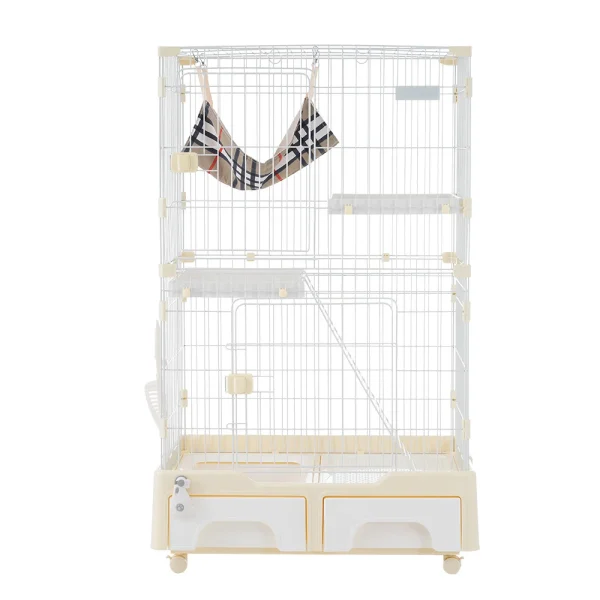猫 ケージ キャットケージ 2段 猫トイレ付 キャスター付 ハンモック付 猫ゲージ おしゃれ キャットハウス ネコ ハウス 多段 留守番 保護 脱走防止 多頭飼い 多頭 スチール ペットケージ 新作【クリームイエロー】