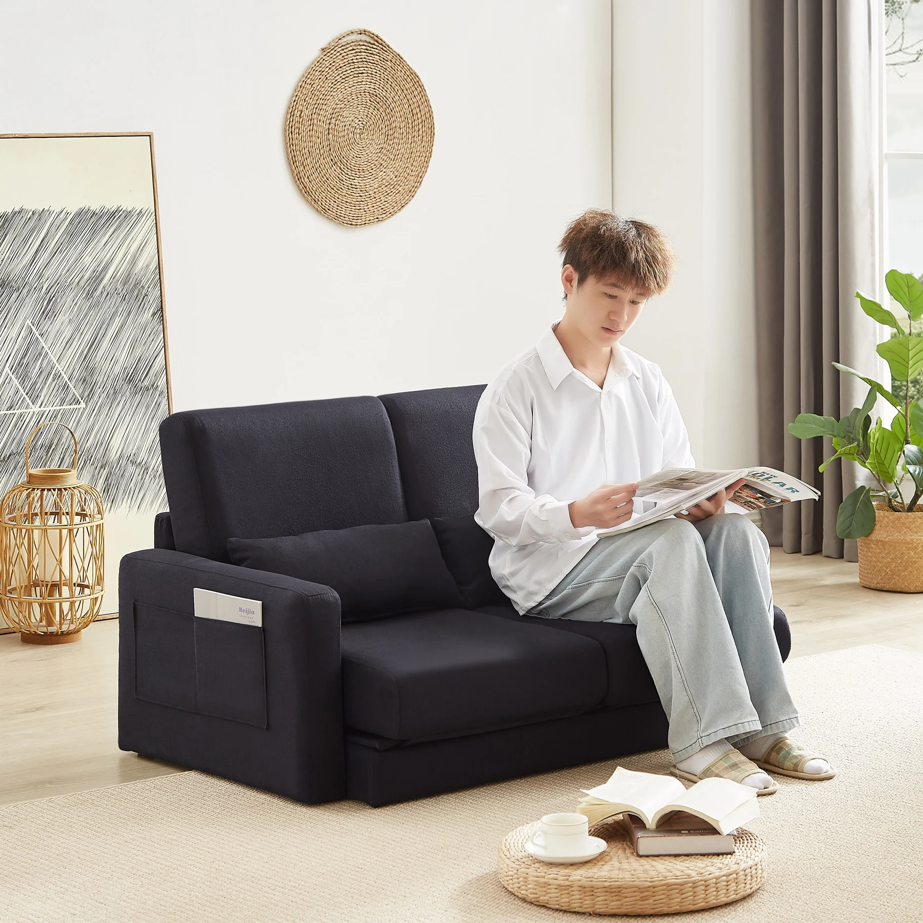 2 seater sofa ソファ 2人掛け 収納付き ファブリック 両側に肘掛け付き 木脚外し可能 ローソファ コンパクト ひとり暮らし カウチソファー